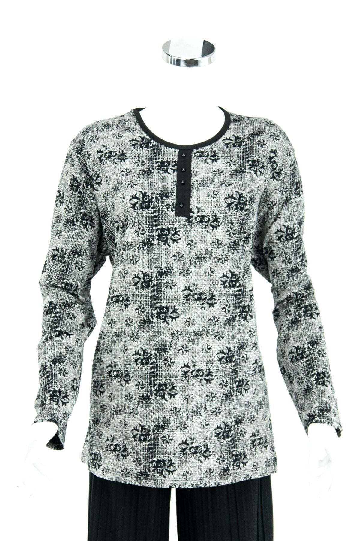 Kadın Sümbül Desenli Sıfır Yaka Geniş Kalıp Likralı Viskon Penye Kumaş Büyük Beden Anne Bluz